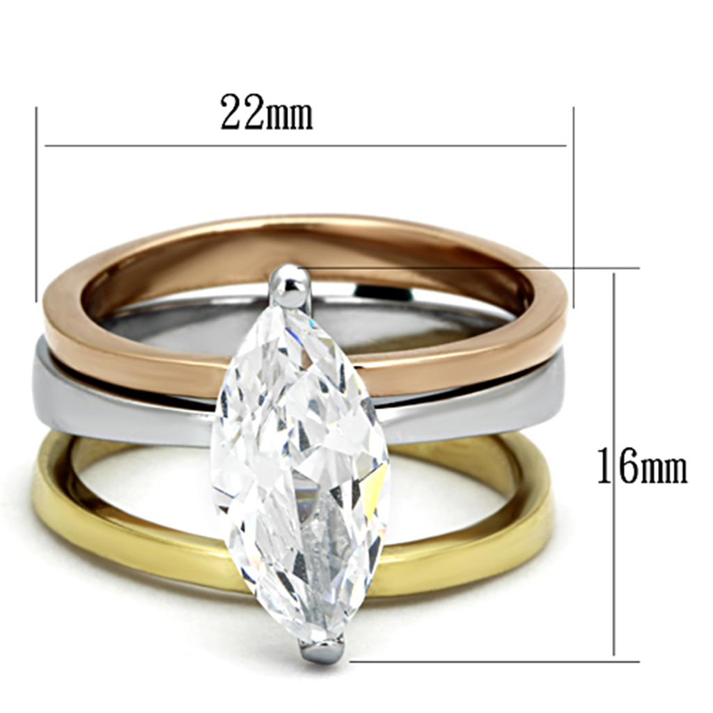 TK964 - Three Tone IPï?‚?‹? IP Gold & IP Rose Gold & High Polished) Stainless Steel Ring with AAA Grade CZ  in Clear