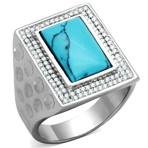 TS228 - Rhodium 925 Sterling Silver Ring with Synthetic Turquoise in Sea Blue