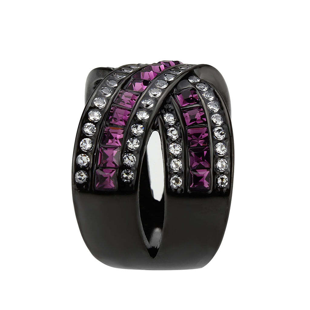 TK3791 - IP Black (Ion Plating) Stainless Steel Ring with Top Grade Crystal in Amethyst